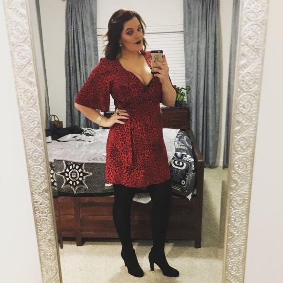 SANCTUARY Red Black Animal Print V-Neck Tie Waist Girl on Fire Wrap Dress XS - Picture 1 of 16